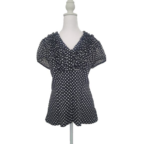 Y2K INC Polka Dot Mesh Ruffle Blouse Size L Black Office Siren Goth Preppy - Picture 1 of 8